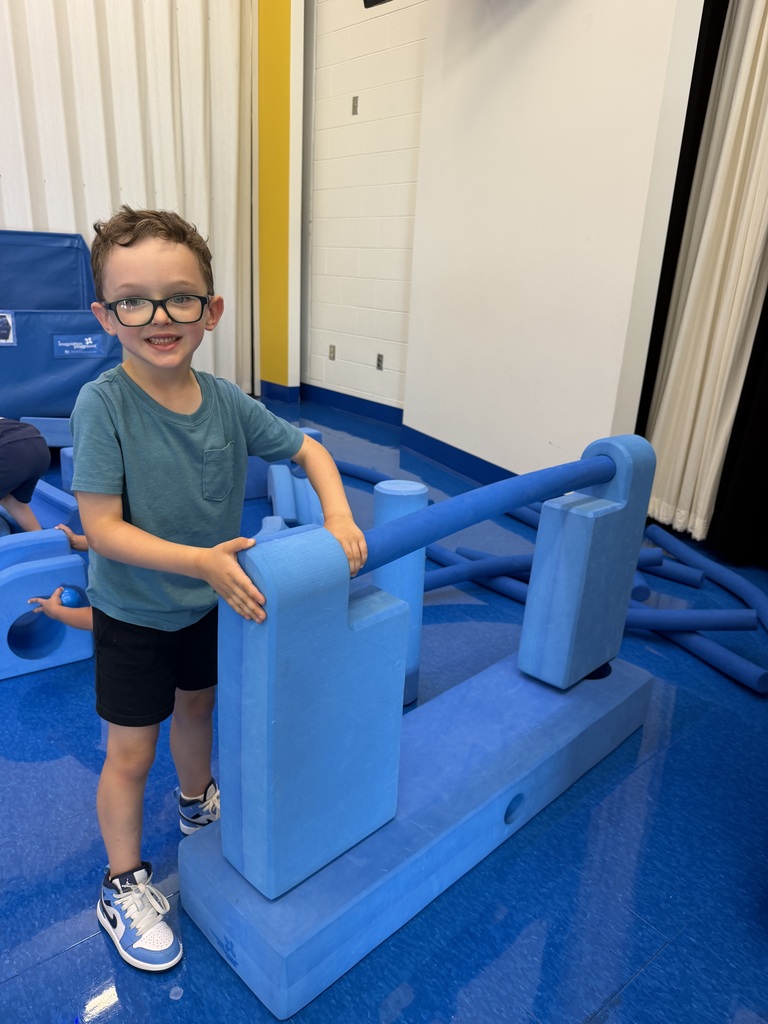 A child in a blue shirt and black shorts holds a blue structure in a playroom.