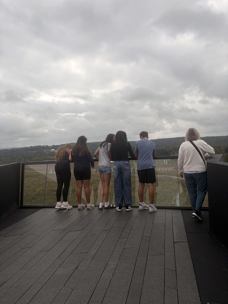 Five people stand at an observation deck. They are gazing over the railing. A cloudy sky is visible in the background.