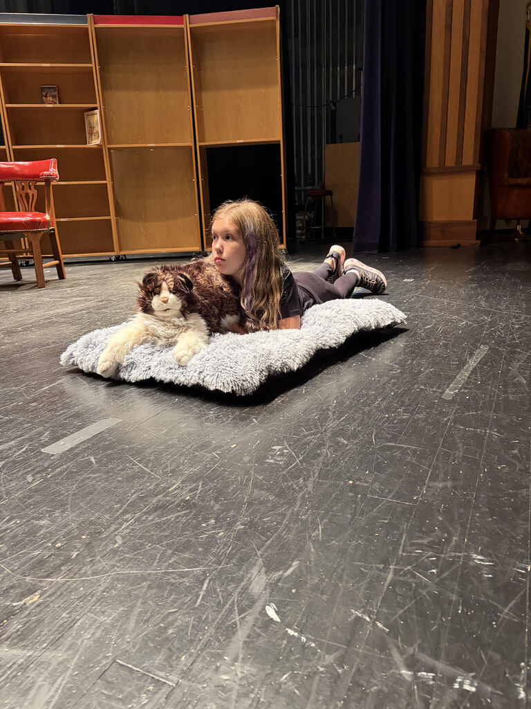 A child lies on a cushion with a dog on a stage. Behind them is a wooden cabinet and a red chair.
