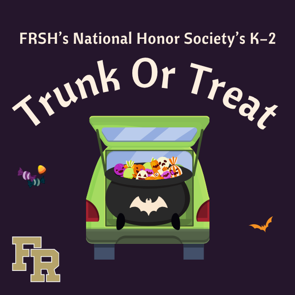 A poster with a car trunk open filled with Halloween treats. Text reads "TRUNK OR TREAT". Logos and icons in corners.