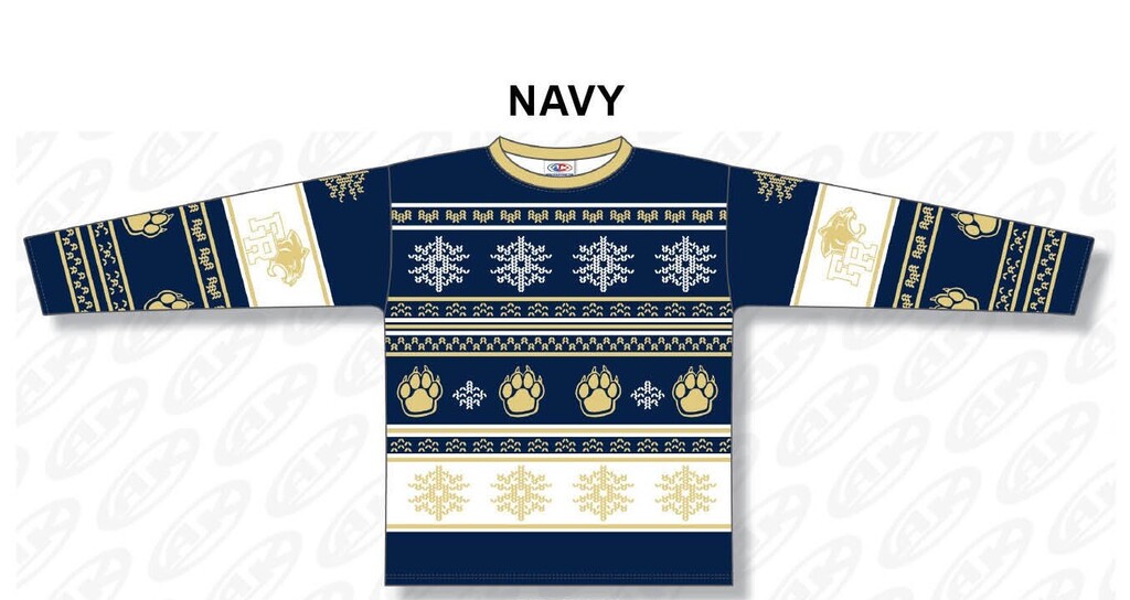 A navy blue and white sweater with intricate designs on a white background, labeled "NAVY".