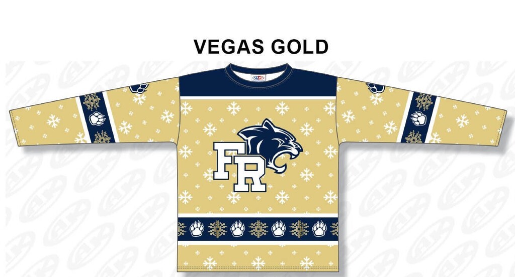 A gold and blue sweater with the letters FR and a panther logo, text "VEGAS GOLD" at the top.