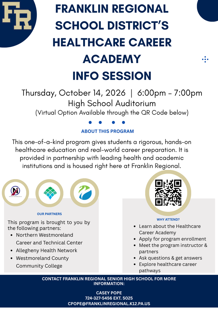 An informational session for the Franklin Regional School District's Healthcare Career Academy on October 14, 2026, from 6:00pm to 7:00pm. QR code for virtual option.