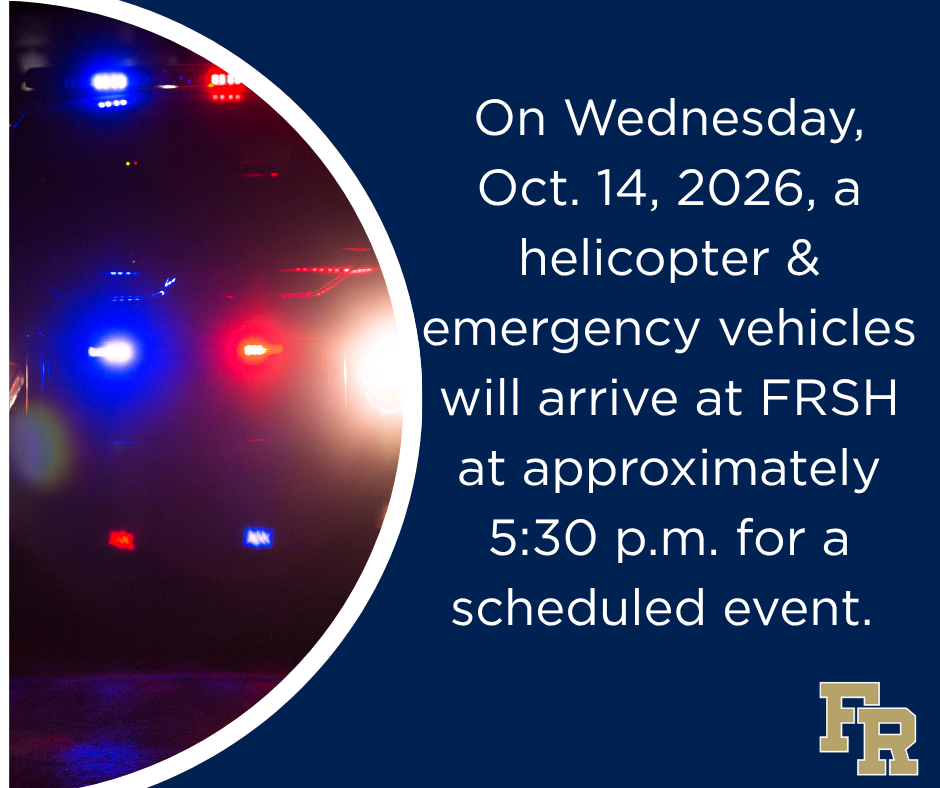Announcement of emergency vehicle arrival at FRSH on Oct. 14, 2026, at 5:30 p.m. Image shows flashing lights.