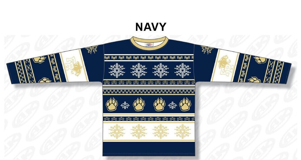 A navy blue and white sweater with intricate designs on a white background, labeled "NAVY".
