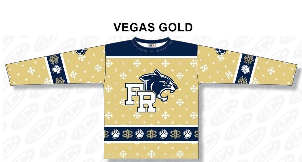 A gold and blue sweater with the letters FR and a panther logo, text "VEGAS GOLD" at the top.