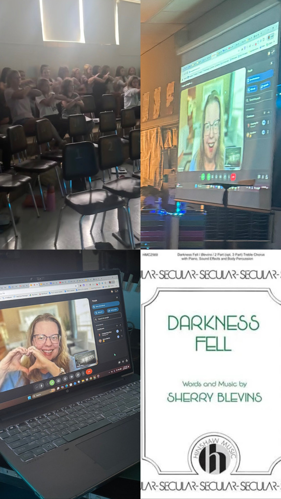 Three photos: audience in chairs, woman smiling in front of projector, woman on laptop screen.