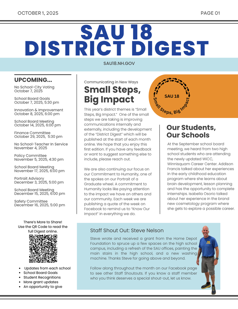 front page of the SAU 18 District Digest