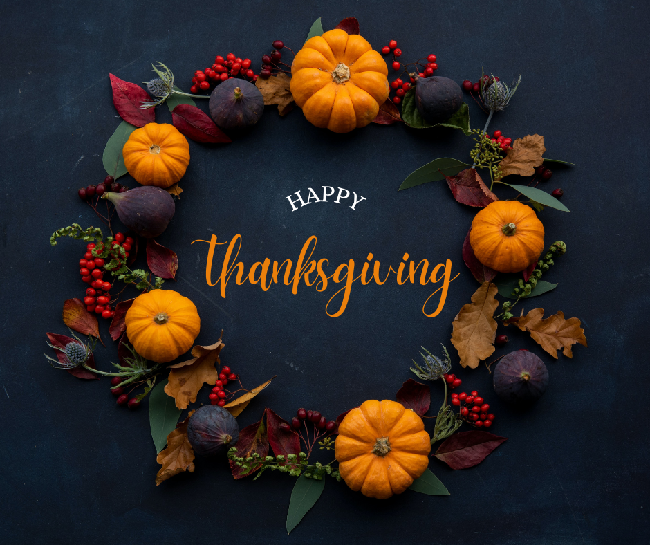 Happy Thanksgiving text within a Thanksgiving themed wreath