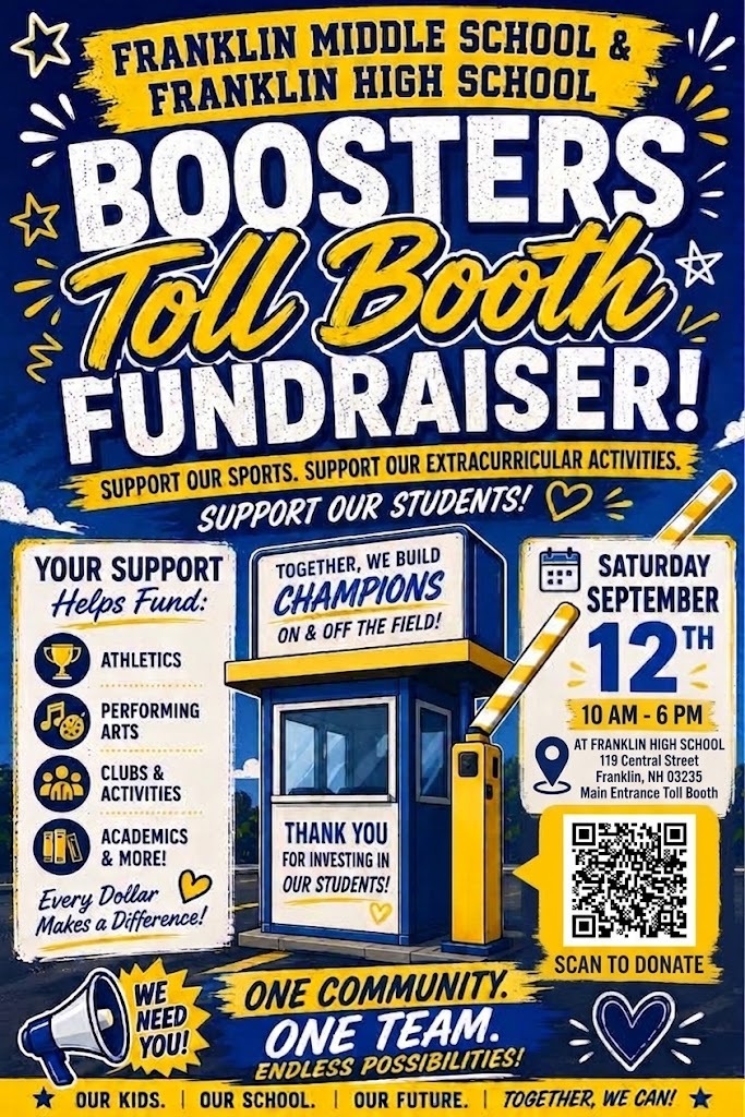 Poster for Boosters Toll Booth Fundraiser for Franklin Middle School and Franklin High School. Event details include date, time, and donation options.