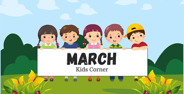 March Kids Corner graphic of cartoon children holding sign.