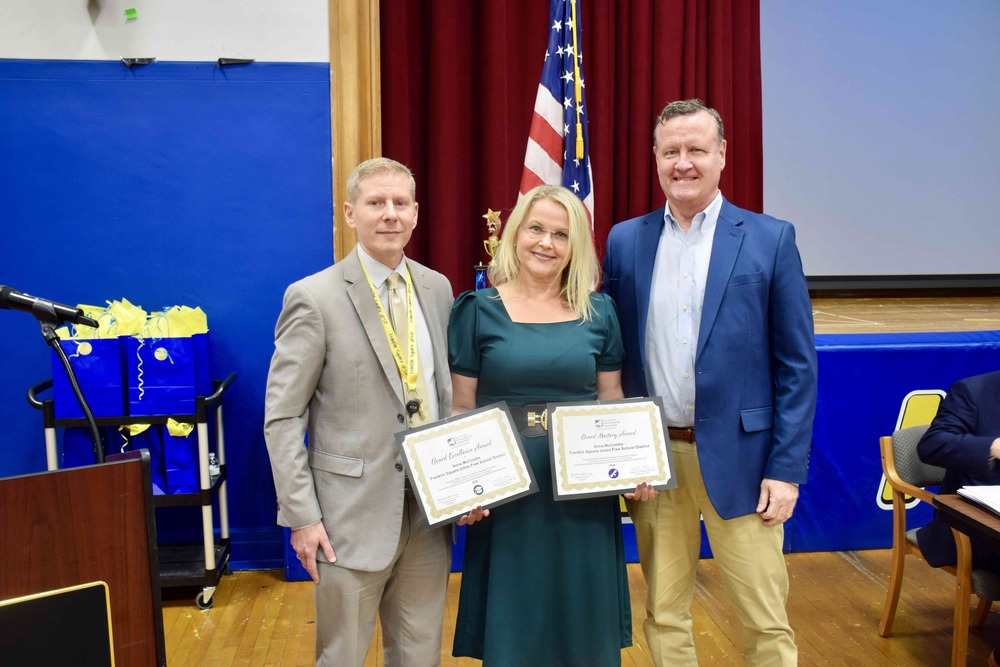 The district’s June board of education meeting was an evening of celebration and appreciation, honoring staff members for receiving tenure, recognizing retirees and highlighting the outstanding accomplishments of students.              “This is always one of the most meaningful board meetings of the year, as we have the opportunity to recognize those who make our district such a special place,” Superintendent Dr. Jared Bloom said.   The recognitions began with celebrating the recent accomplishments of the board of education. Trustee Anna McCombs has earned both the New York State School Boards Association Level 2 Board Excellence Award and Level 3 Board Mastery Award. Through earning the Level 3 distinction, she also qualifies for recognition in N-SSBA’S On Board newsletter. In addition, she was recently appointed to the Nassau-Suffolk School Boards Association’s Executive Committee for a three-year term. Trustee Domenico Ciaccio has earned the New York State School Boards Association Level 2 Board Excellence Award, as well. Vice President William Leder, who is concluding his service on the board, was honored for his years of service to the district.   “Over the years, I’ve had the privilege of working with and for Mr. Leder,” Dr. Bloom said. “He has been a thoughtful leader, a trusting sounding board and a strong advocate for our schools. Whether discussing district initiatives, navigating challenges or celebrating successes, he has consistently approached the work with integrity, humility and a genuine commitment to Franklin Square. It has truly been an absolute pleasure working with Mr. Leder and our district is stronger because of his years of service and dedication.”   Mr. Leder received a proclamation from Senator Siela Bynoe and citation from Assemblyman Ed Ra, as well as a New York State Schools Boards Association Board Lifetime Achievement Award.   The district proudly recognized the fifth grade students who participated in the KidOYO Hackathon, where they demonstrated creativity, teamwork and problem-solving skills. Guided by coaches Julia Caiazzo and Matthew Dornemann, the students competed against 26 teams from across Long Island and earned third place in the logo competition. Their achievement was especially noteworthy, as this marked the district’s first year participating in the event.  Continuing the celebration of student innovation and achievement, the district’s sixth grade robotics team recently competed at the STEP Statewide Robotics Competition. The 14 students embraced the “4 Cs” of robotics: construction, coding, computer-aided design and collaboration. This year, the Franklin Square team took home two awards. The Electro Jaguars earned the Presentation Award and the Techno Tigers captured third place overall. At the board meeting, students were joined by district coaches Julia Caiazzo, Matthew Dornemann, Karen Perlak and Maggie Tittler and student coaches from H. Frank Carey High School.   The board also recognized the sixth grade members of the Superintendent’s Student Advisory Council as they prepare to embark on the next chapter of their educational journey. Comprised of student leaders from each of the three school buildings, the council meets regularly with Dr. Bloom to provide valuable feedback, share ideas and offer a student perspective on district initiatives and school experiences.  Student accomplishments in the arts were also celebrated. For the first time in school history, the Washington Street School’s talented Jazz Band took center stage at the prestigious Long Island Music Festival at Suffolk County Community College. Under the direction of Band Director Jason O’Connor, the 57-member ensemble proudly represented Franklin Square among elementary, middle and high school music groups from across Long Island. The Jazz Band earned a Superior Rating, the festival’s highest level of achievement, receiving outstanding scores of 94 out of 100 and 97 out of 100 from the two adjudicators.   Concluding the evening’s student recognitions, Polk Street School student Ayden Parris was honored for his selection to the Amateur Athletic Union National Diving Team. He will compete at the national diving championships in Fort Lauderdale this July, representing both his school and community on a national stage.              Attention turned to thanking this year’s retirees for their service to the district. Congratulations to Director of Pupil Personnel Services Dr. Pamela Taylor, Ellen Andreo, William Benckwit, Mary Jo Carnazza, Darryl Chappel, Jeanmarie Derby, Evelyn Ferguson, Catherine Ferrara, Jovanna Fleischhauer, Philip Fusco, Carolyn Hardman, Janine Harrigan, Meredith McCarthy, Michele Miles and Carolyn Miene.   From celebrating those concluding their careers to recognizing those embarking on a new professional journey, the district also honored three educators who received tenure. Each recipient was introduced by their building principal, who offered heartfelt remarks and congratulations. The tenure recipients are John Street School music teacher Alexa Gottesman, Polk Street School first and second grade special education teacher Heidi Gomez and Washington Street School pre-K teacher Alexandra Balzano. 