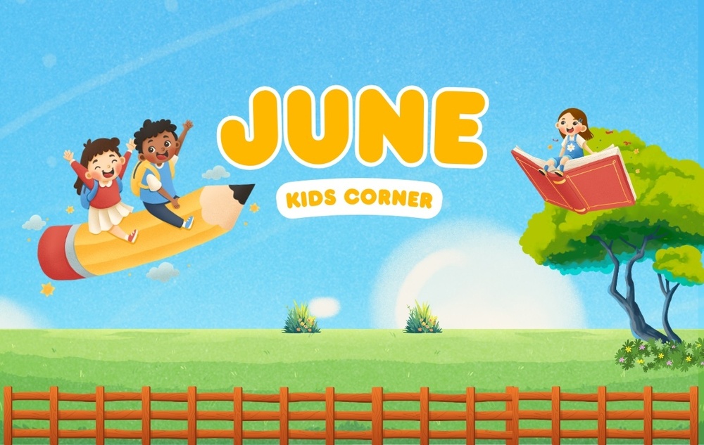 June Kids corner cartoon like image with characters flying on a pencil and a book