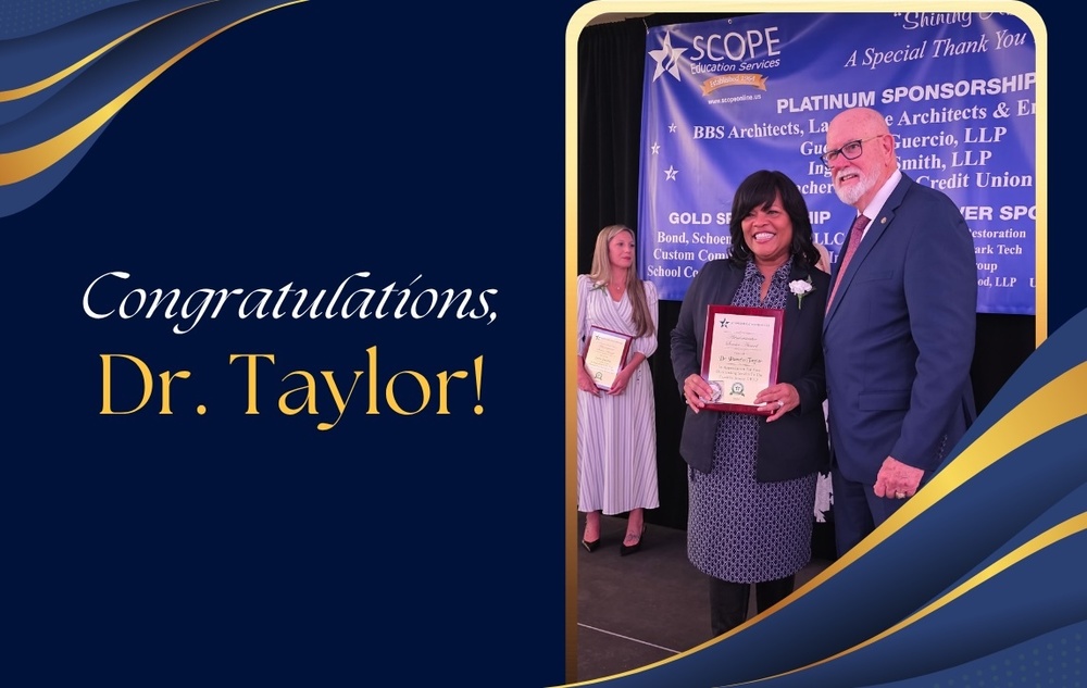 "Dr. Taylor standing with an award, flanked by two people. A backdrop mentions sponsorships. The text reads 'Congratulations, Dr. Taylor!' in gold letters."