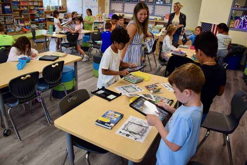 students in library