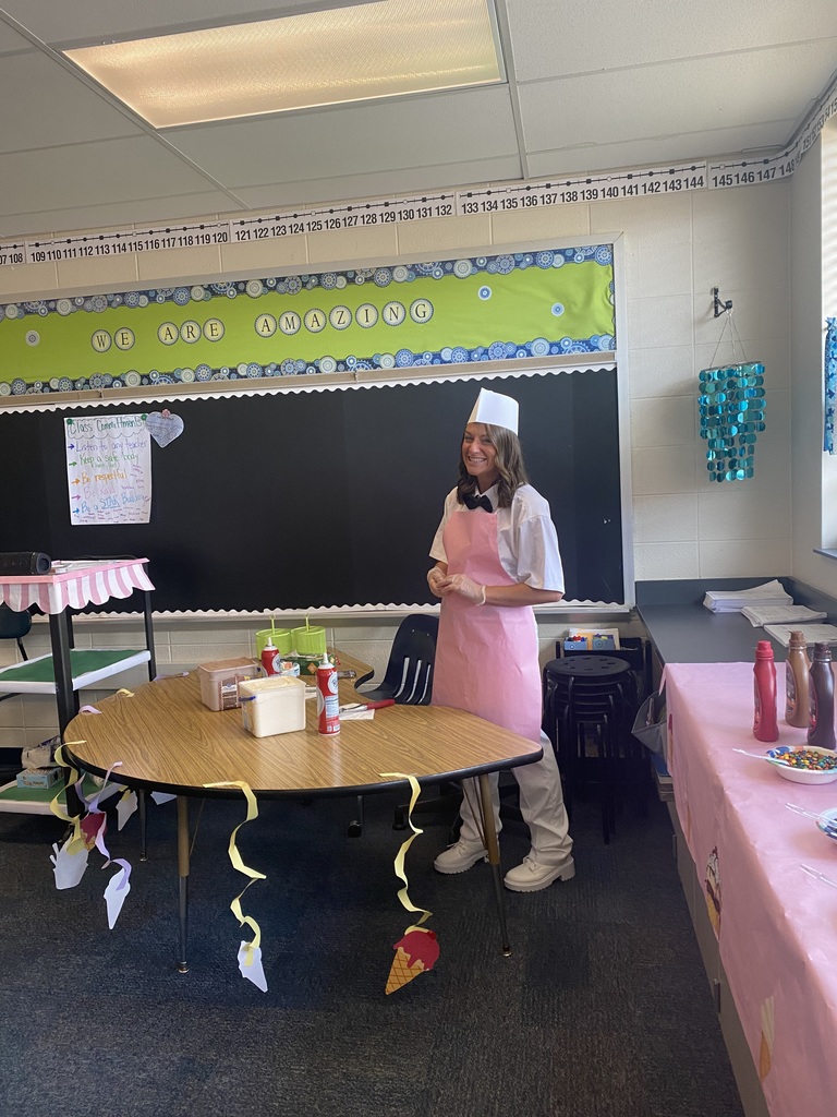 Mrs. Brown dressed up in an ice cream parlor outfit