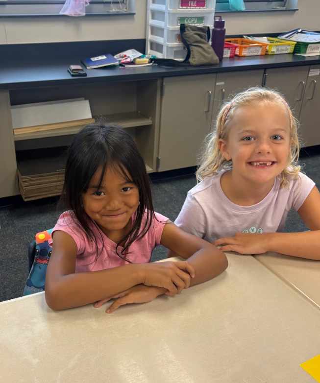 Two students smiling at their desks