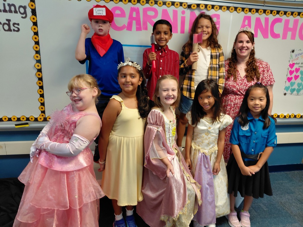 Students with their teacher dressed up for fairytale and fables day