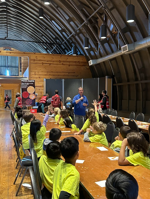 students sitting at table getting ready to make pizzas