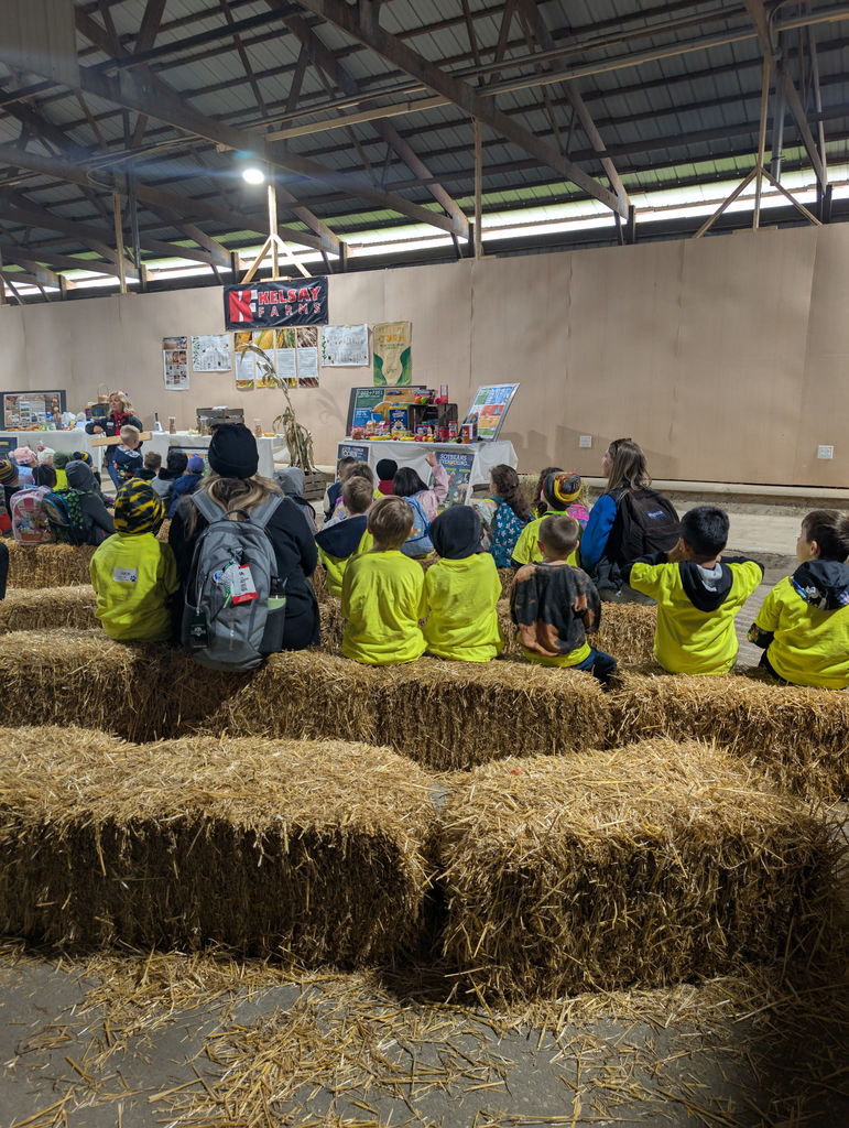 kindergarten students sitting on hay listening to speaker