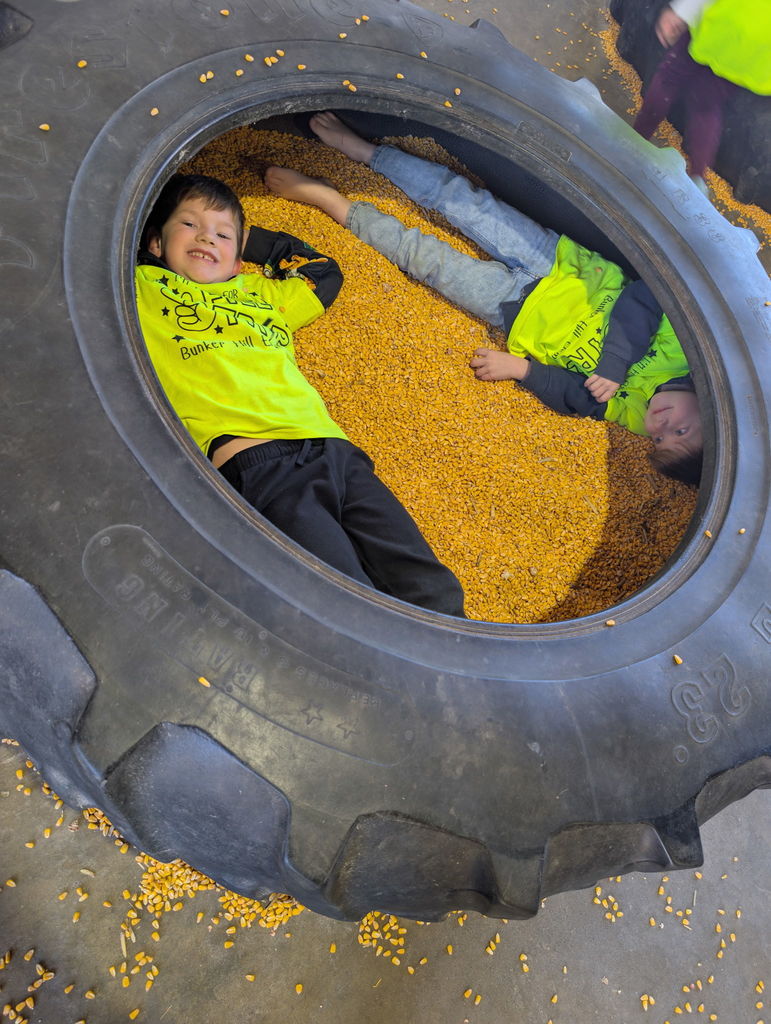 kindergarten students in a tire filled with corn