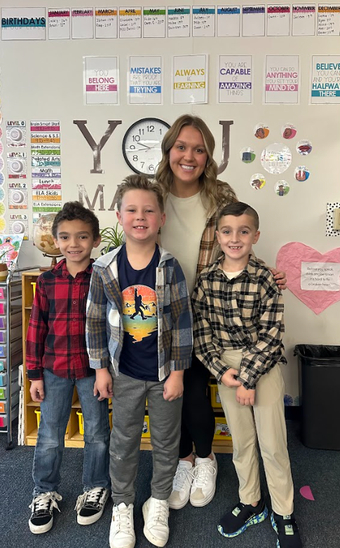Staff and students dressed in flannel for spirit day