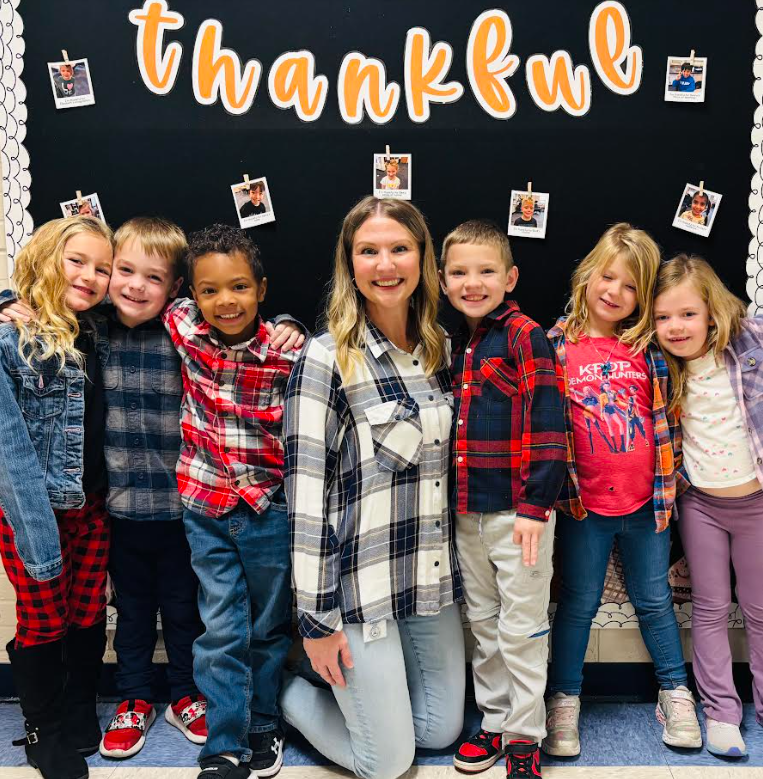 Staff and students dressed in flannel for spirit day