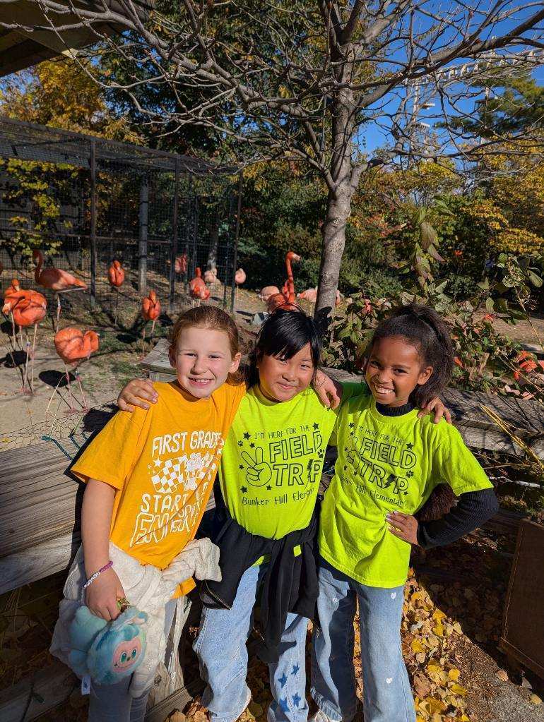students smiling in front of the flamingo exhibit at the Indy Zoo