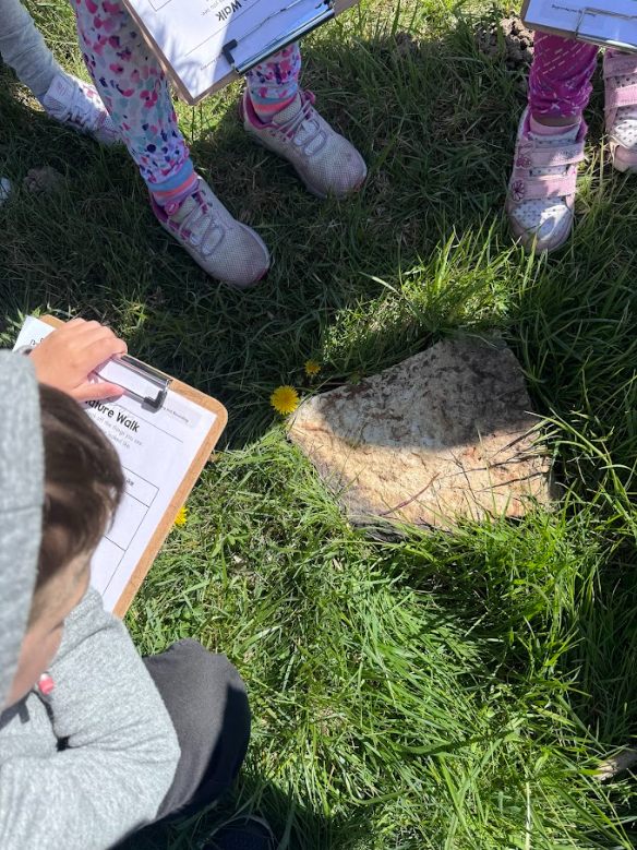 Mrs. Gorske's kindergarten students outside exploring signs of spring