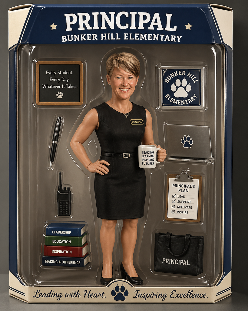 AI photo of our principal as an action figure in packaging