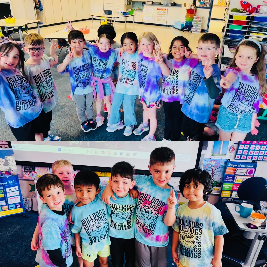 Mrs. Gorske's kindergarten class smiling together in tye dye shirts for T day