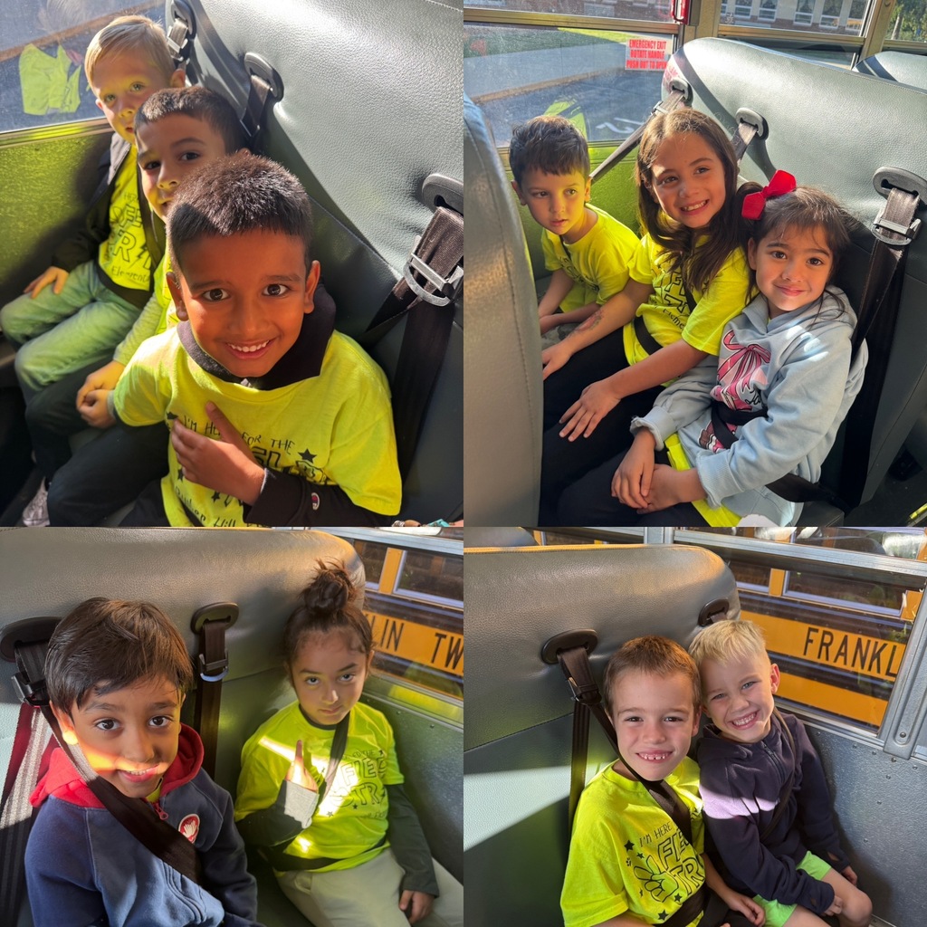collage of 4 photos of students sitting together in two's on the bus smiling together