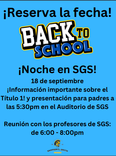 Back to School Night @ SGS on SEPT 18; Auditorium doors open at 5:15PM