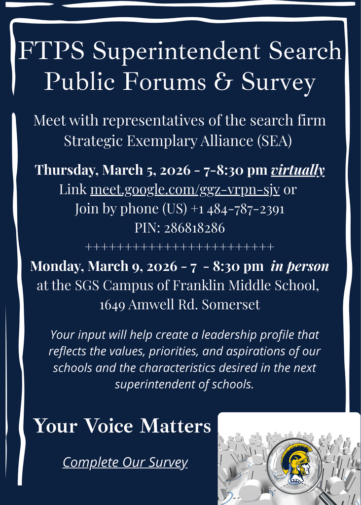 Superintendent Search Community Open Forum In Person at SGS@FMS Thursday, March 5 · 7:00 – 8:30pm est  Google Meet joining info Video call link: https://meet.google.com/ggz-vrpn-sjv Or dial: ‪(US) +1 484-787-2391‬  PIN: ‪286 818 286  Here is the link to the survey: https://www.surveymonkey.com/r/MVG9V62