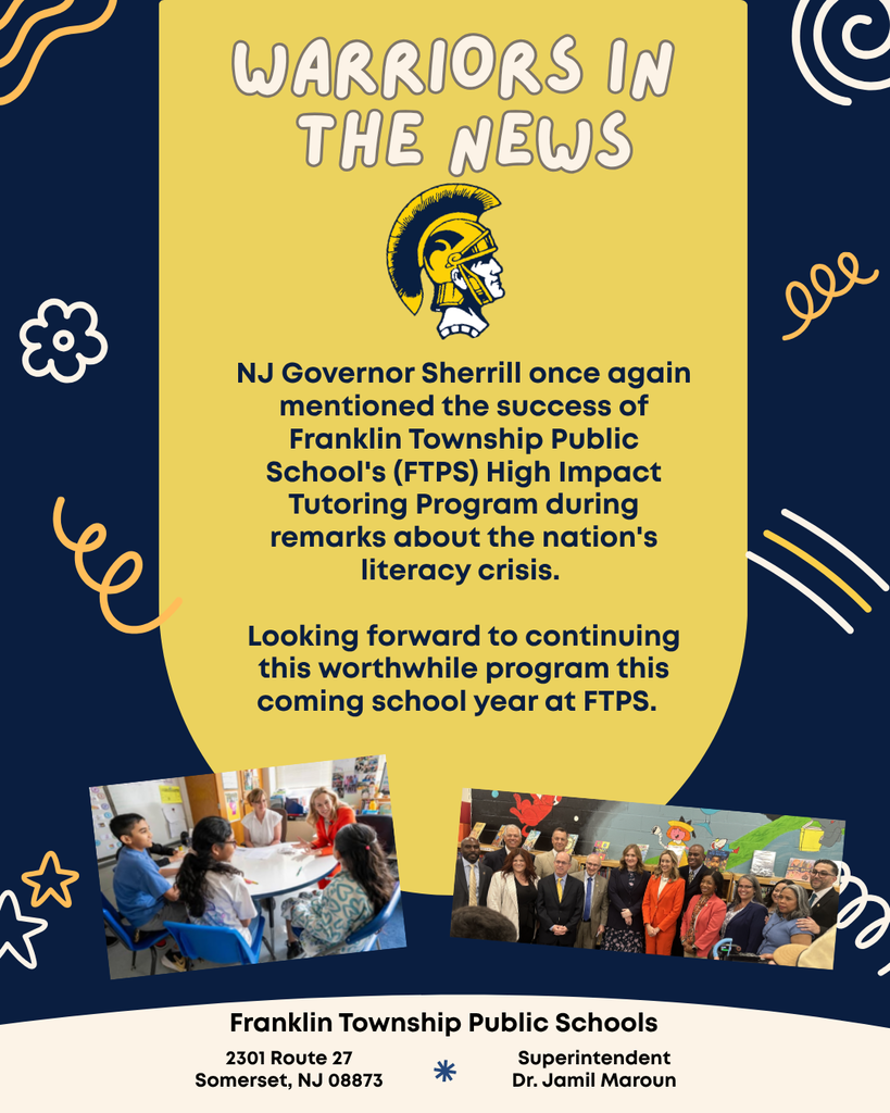 NJ Governor Sherrill once again mentioned the success of Franklin Township Public School's (FTPS) High Impact Tutoring Program during remarks about the nation's literacy crisis. Looking forward to continuing this worthwhile program this coming school year at FTPS.