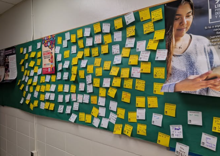 A green bulletin board with yellow sticky notes and a poster of a woman reading a book.