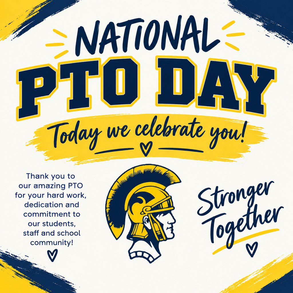 Poster with a blue and yellow background, celebrating PTO Day with a Spartan helmet and text about gratitude.