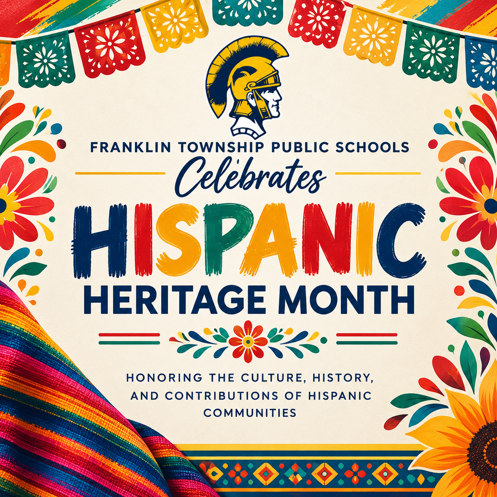 A poster with vibrant colors celebrating Hispanic Heritage Month. Features a helmeted soldier, flowers, and geometric patterns.