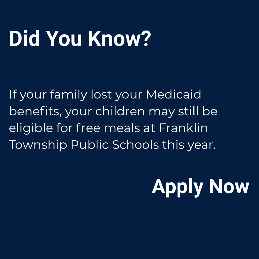 Blue background with white text. "Did You Know?" followed by an informational statement about children's meal eligibility. "Apply Now" link.