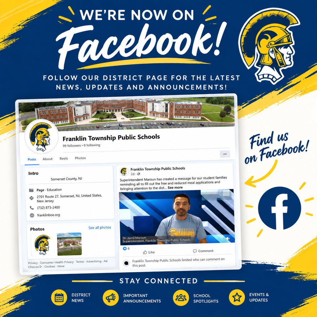 An advertisement for Franklin Township Public Schools' Facebook page shows a photo of a man, website, and a Facebook page.