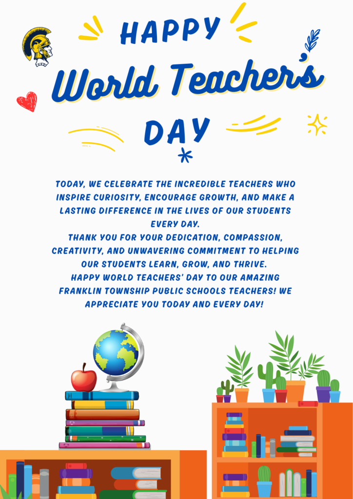 An image celebrating World Teacher's Day, with a globe, apple, books, and plants on a shelf. The text praises teachers.