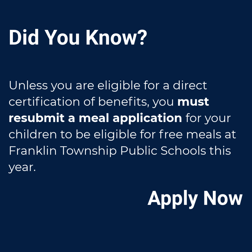 Blue background with white text. Header reads "Did You Know?" and a statement about resubmitting meal applications for school children.