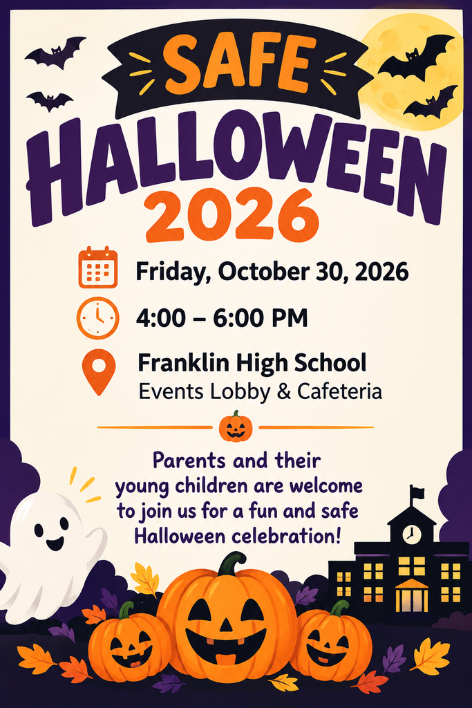Halloween flyer with pumpkins, bats, ghost, clock tower, and text about an event at a school.