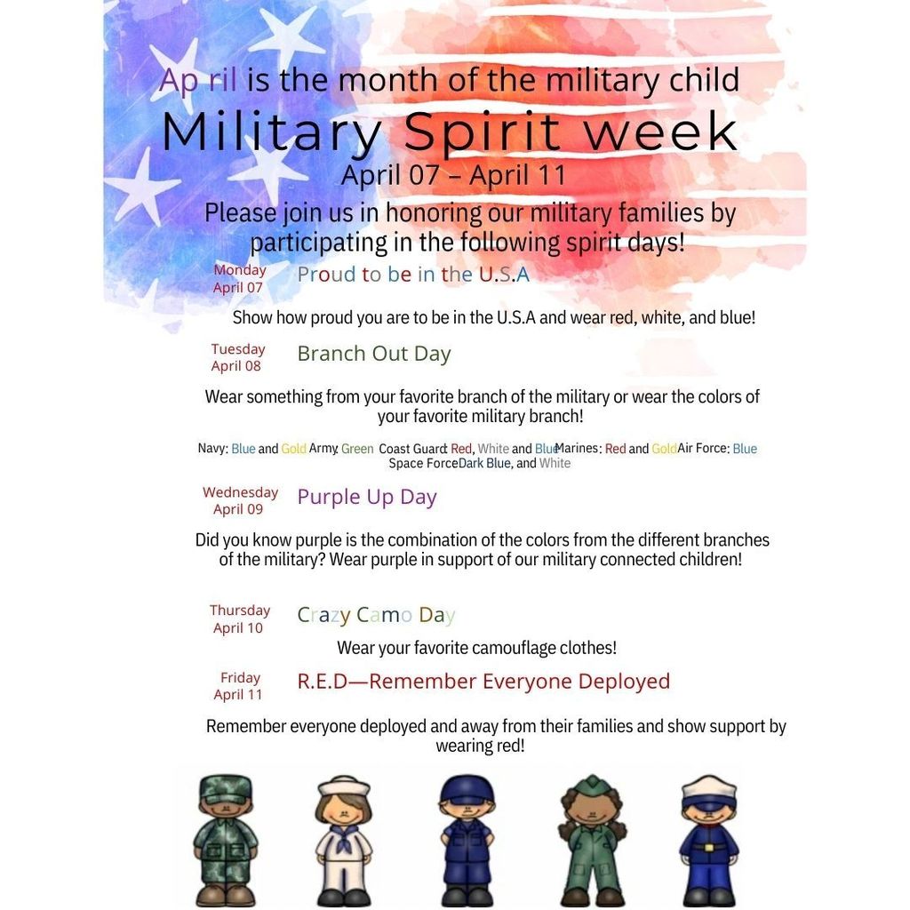 3 more days to celebrate the military child: Wednesday being Purple up day- Wear purple to support our military connected children 💜💜 Thursday being Crazy Camo Day: Wear everything Camouflaged. 💚💚 Friday is Remembering Everyone Deployed: We will show out support by wearing red. ❤️❤️