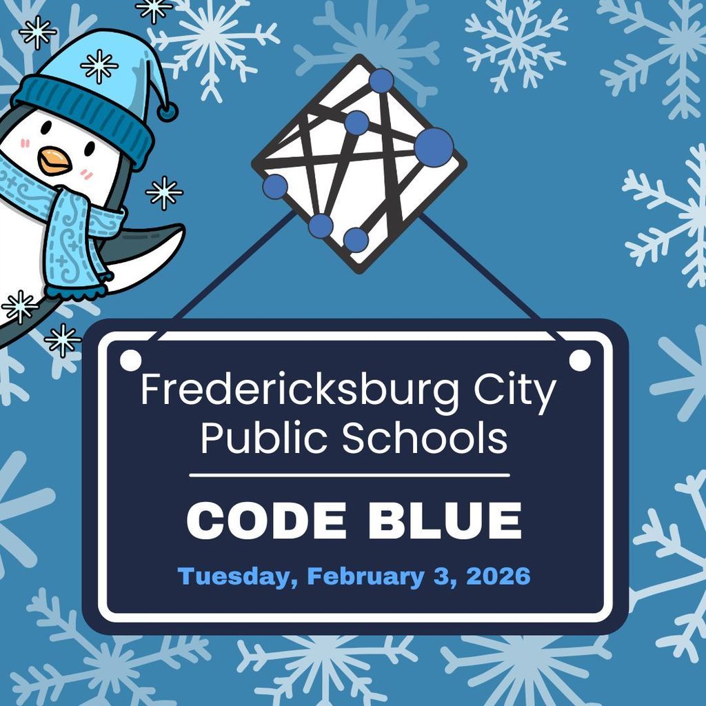 Fredericksburg City Schools will operate on Code Blue, which is a REMOTE LEARNING DAY, Tuesday, February 3. While school parking lots look good right now, continued road and sidewalk conditions present challenges getting families and staff to and from schools. All staff should plan to work remotely from home tomorrow. 12-month employees have the option of reporting to buildings or teleworking. Essential employees should report according to supervisor’s guidance. There will be meal distribution for students tomorrow, Tuesday, February 3, from noon until 2pm at James Monroe High School. Students do not need to be present - only a parent or adult relative needs to provide a student’s name for meal pick up. Again, FCPS buildings will have limited availability to 12-month employees. Students are expected to learn from home and staff should work remotely tomorrow, Tuesday, February 3.