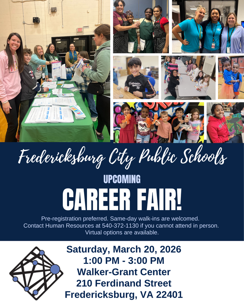 UPCOMING CAREER FAIR! March 20, 2026 1:00 PM - 3:00 PM Preregistration preferred. Same-day walk-ins are welcomed. This career fair is not only for licensed teachers but also for anyone interested in learning about pathways to a teaching career. Click on the link below to register. https://www.fxbgschools.us/page/human-resources