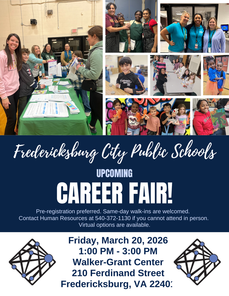 UPCOMING CAREER FAIR! March 20, 2026 1:00 PM - 3:00 PM Preregistration preferred. Same-day walk-ins are welcomed.  This career fair is not only for licensed teachers but also for anyone interested in learning about pathways to a teaching career. Click on the link below to register.  🔗https://www.fxbgschools.us/page/human-resources