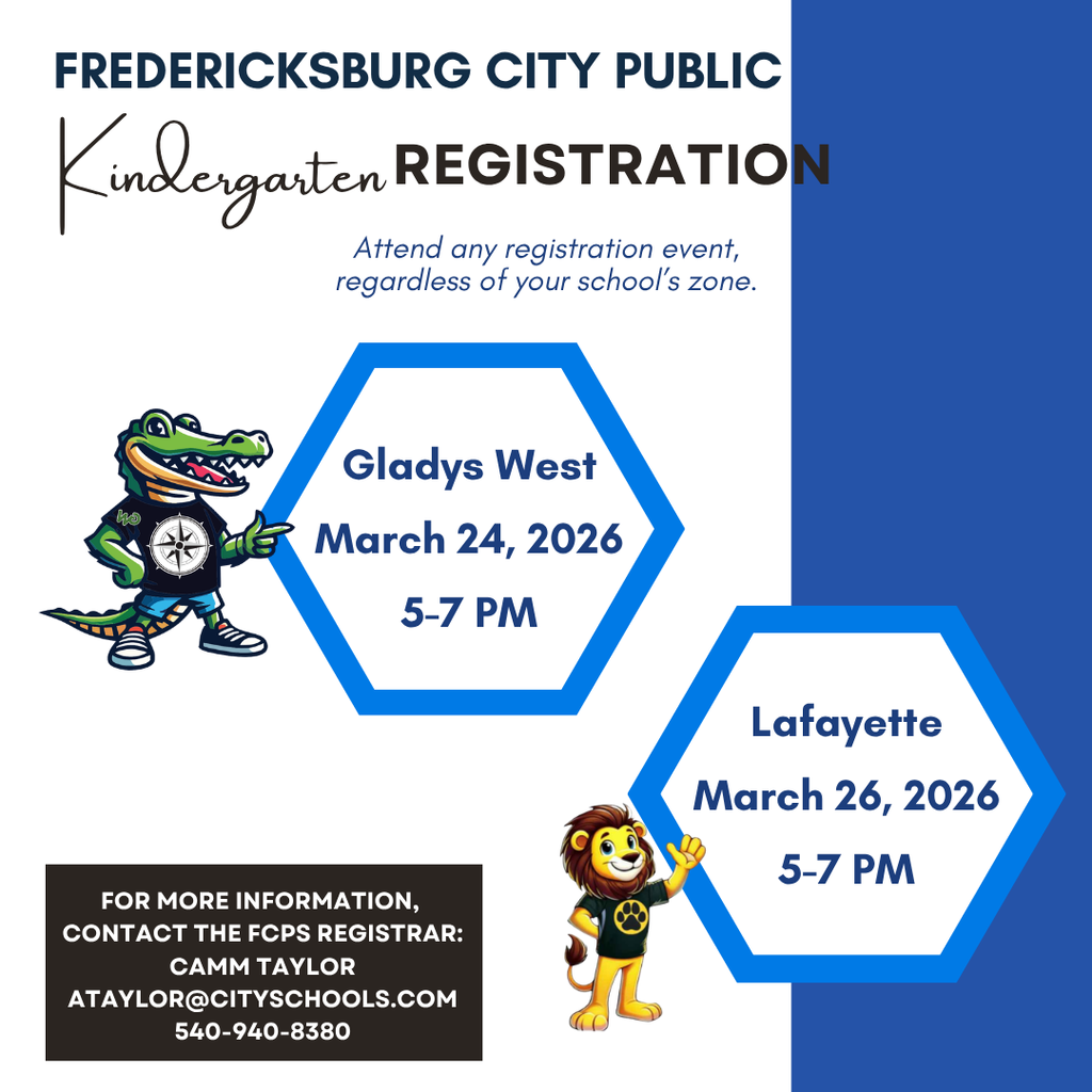 Calling all future kindergarteners! 🎒 We’ll be at Gladys West this evening for registration.  Families may attend any session, regardless of school zone.  Learn more: https://www.fxbgschools.us/o/fcs/page/new-student-registration  Share and tag a family with a rising kindergartener!