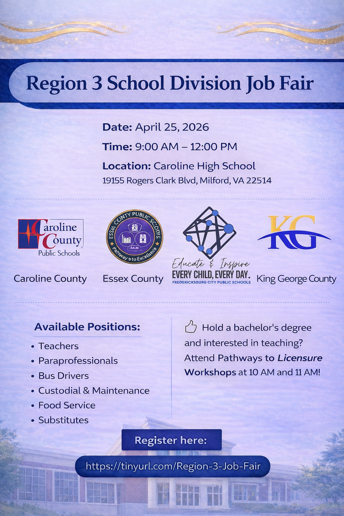 Join us at the Region 3 School Division Job Fair 📅April 25, 2026 🕰️9:00 AM - 12:00 PM 📍Caroline High School 👉19155 Rogers Clark Blvd, Milford, VA 22514 Available Positions: • Teachers • Paraprofessionals • Bus Driver • Custodial & Maintenance • Food Service • Substitutes 🔗Register here: https://tinyurl.com/Region-3-Job-Fair Hold a bachelor's degree and interested in teaching? Attend Pathways to Licensure Workshops at 10 AM and 11 AM!