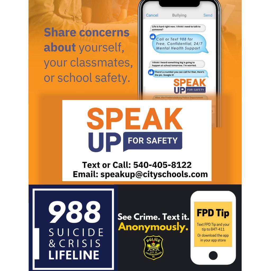 Families, please remind your students: FCPS offers the SpeakUp for Safety tipline for grades 6–12. Students can confidentially report bullying, threats, or safety concerns by call, text, or email.